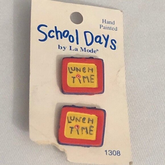 School Days Handmade Lunch Box Button Earrings NOC - Picture 1 of 6